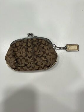 Coach Brown Signature Canvas Kiss-Lock Coin Pouch with Tag